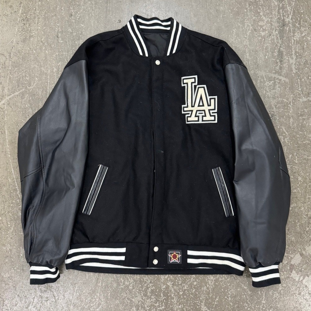 Vintage LA Dodgers Varsity Jacket Mens XL Black Reversible Leather Sleeve Bomber